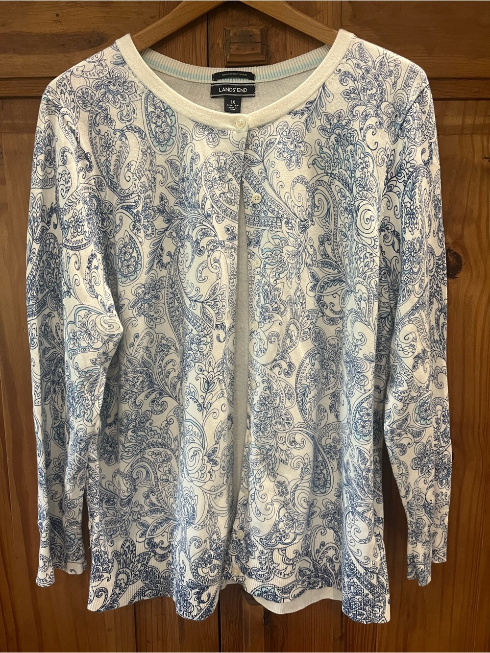 Lands' End 100% Supima Cotton Blue and White Paisley Button-Front Cardigan